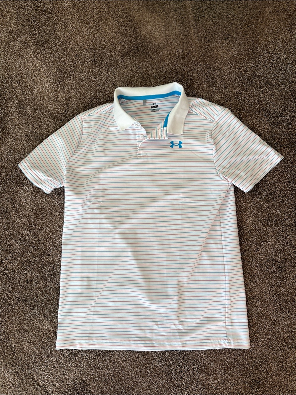 Under Armour White Polo with Thin Blue & Coral Stripes